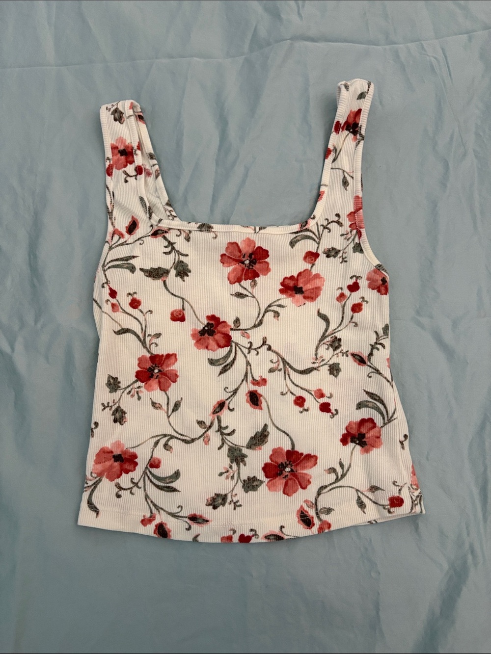 Old Navy White Ribbed Floral Square-Neck Tank with Pink Blossoms